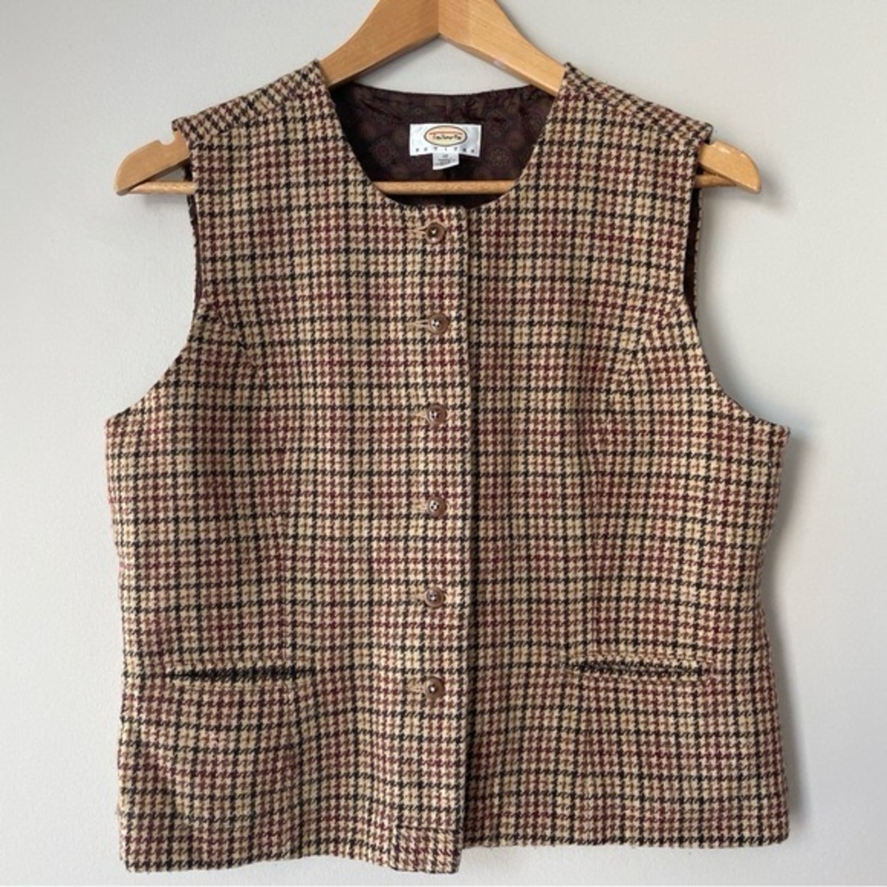Vintage 90s Houndstooth Vest Wool Brown Neutral Size L